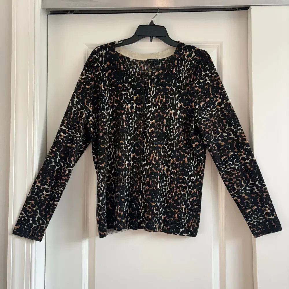 Talbots Leopard Print Cardigan Sweater L 100% Merino Wool Button Front